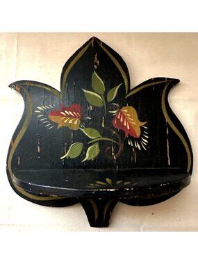 Vintage Black Wooden Wall Shelf Floral Design Finish Charming Folk Art Rustic